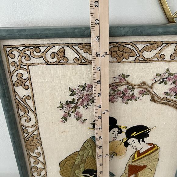 Vintage 1980s Japanese Antique Needlepoint Framed Wall Art Hand Stitched Framed - Picture 9 of 12